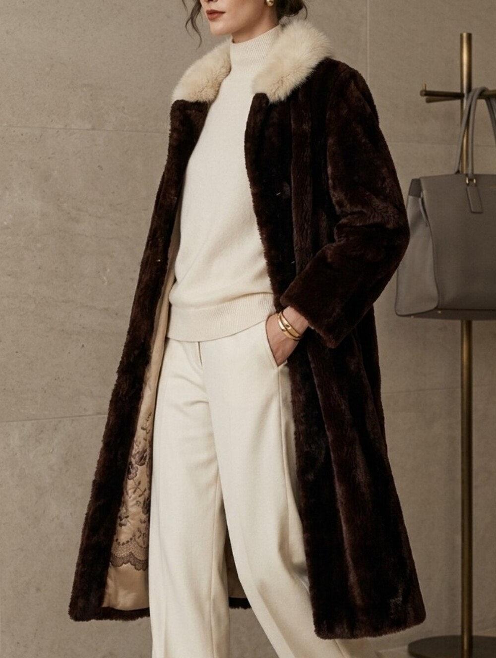 Vintage Mahogany Brown Real Fur Long Coat Cream Fox Fur Trim Collar Pockers